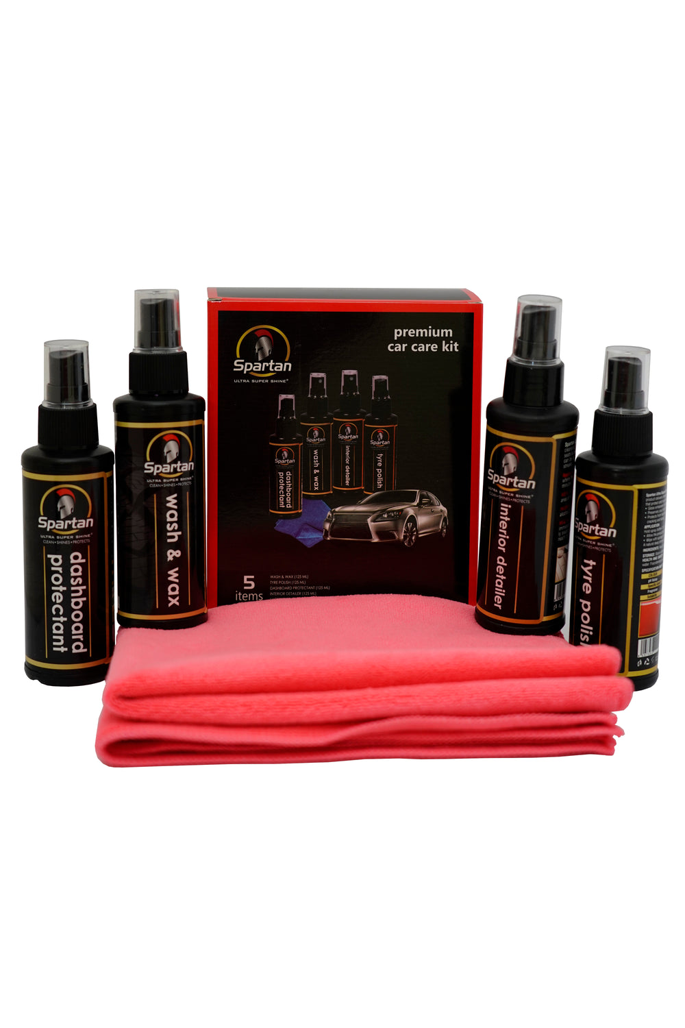 Spartan Kit 125ml Interior Detailer,Dash borad Polish,Wash & Wax, Tire Polish 125ml + Microfiber Towel, 1 x1 pc